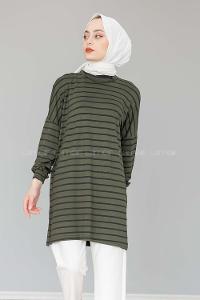 Modalamelif İnce Siyah Çizgili Tunik Asker Yeşili