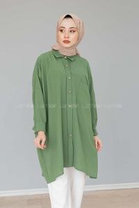 Modalamelif Önü Düğmeli Gizli Cep Detaylı Gömlek Haki