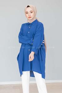 Modalamelif Önü Düğmeli Gizli Cep Detaylı Gömlek İndigo