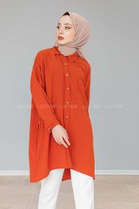 Modalamelif Önü Düğmeli Gizli Cep Detaylı Gömlek Kiremit