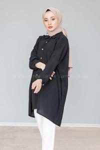 Modalamelif Önü Düğmeli Gizli Cep Detaylı Gömlek Siyah