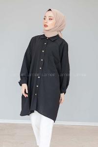 Modalamelif Önü Düğmeli Gizli Cep Detaylı Gömlek Siyah