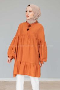Modalamelif Yaka Fırfırlı Balon Kol Tunik Tarçın