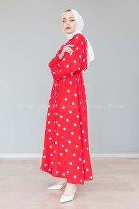 Modalamelif Yarasa Kol  Puantiye Desenli Elbise Kırmızı