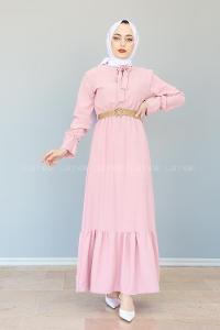 Modalamelif Hasır Kemerli Ayrobin Elbise Pudra