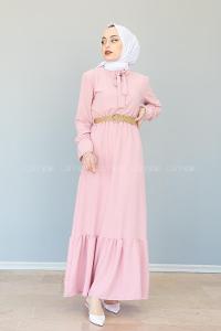 Modalamelif Hasır Kemerli Ayrobin Elbise Pudra