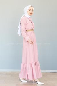 Modalamelif Hasır Kemerli Ayrobin Elbise Pudra