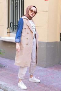 Modalamelif Kol Kot Detaylı Belden Bağlamalı Trenç Bej