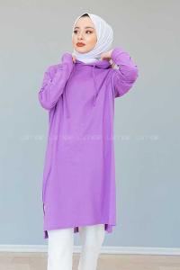Modalamelif Kapşonlu Düz Renk Tunik  Mor