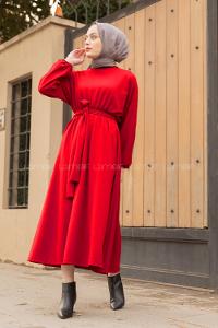Modalamelif Yarasa Kol Kloş Etekli Mevlana Elbise Kırmızı