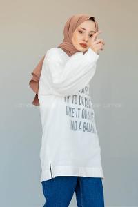 Modalamelif Balon Kol Yazı Baskılı Tunik  Beyaz
