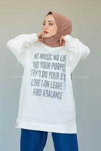 Modalamelif Balon Kol Yazı Baskılı Tunik  Beyaz