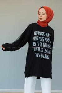 Modalamelif Balon Kol Yazı Baskılı Tunik  Siyah