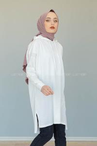 Modalamelif Kapşonlu Düz Renk Tunik  Beyaz