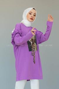 Modalamelif Omzu Fırfırlı Baskılı Sweat Lila