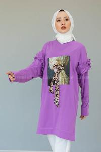 Modalamelif Omzu Fırfırlı Baskılı Sweat Lila