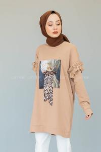 Modalamelif Omzu Fırfırlı Baskılı Sweat Sütlü Kahve