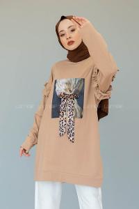 Modalamelif Omzu Fırfırlı Baskılı Sweat Sütlü Kahve