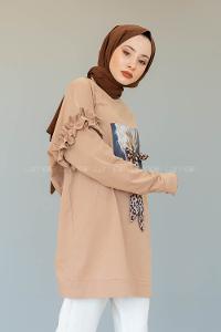 Modalamelif Omzu Fırfırlı Baskılı Sweat Sütlü Kahve