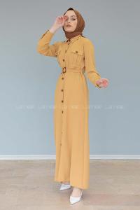 Modalamelif Çift Cepli Kemerli Ayrobin Elbise Camel