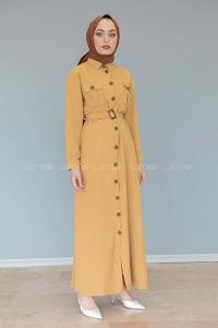 Modalamelif Çift Cepli Kemerli Ayrobin Elbise Camel