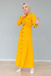 Modalamelif Çift Cepli Kemerli Ayrobin Elbise Hardal Sarısı