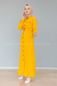 Modalamelif Çift Cepli Kemerli Ayrobin Elbise Hardal Sarısı