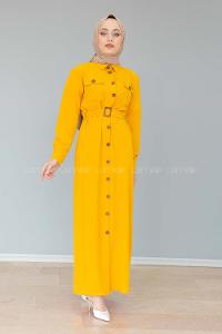 Modalamelif Çift Cepli Kemerli Ayrobin Elbise Hardal Sarısı