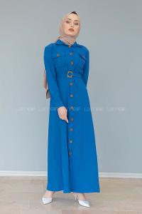 Modalamelif Çift Cepli Kemerli Ayrobin Elbise İndigo