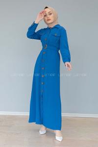 Modalamelif Çift Cepli Kemerli Ayrobin Elbise İndigo