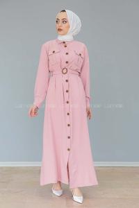 Modalamelif Çift Cepli Kemerli Ayrobin Elbise Pudra