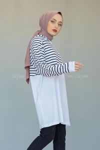 Modalamelif Çizgili Kapşonlu Tunik Beyaz Siyah