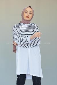 Modalamelif Çizgili Kapşonlu Tunik Beyaz Siyah