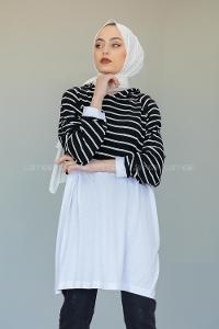 Modalamelif Çizgili Kapşonlu Tunik Siyah Beyaz