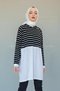 Modalamelif Çizgili Kapşonlu Tunik Siyah Beyaz