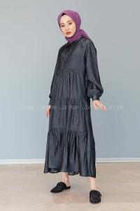 Modalamelif Gömlek Yaka Katlı Elbise Siyah