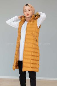 Modalamelif Kapşonlu Uzun Şişme Yelek Hardal Sarısı
