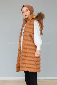 Modalamelif Kapşonlu Uzun Şişme Yelek Taba