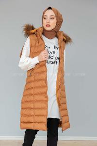 Modalamelif Kapşonlu Uzun Şişme Yelek Taba