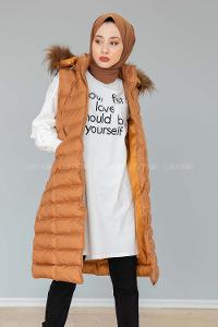 Modalamelif Kapşonlu Uzun Şişme Yelek Taba