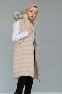 Modalamelif Kapşonlu Uzun Şişme Yelek Taş Rengi