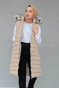 Modalamelif Kapşonlu Uzun Şişme Yelek Taş Rengi