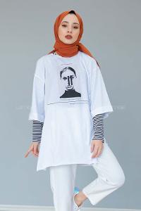 Modalamelif Önü Baskılı T-shirt Beyaz