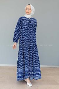 Modalamelif Yaka Bağlamalı  Desenli  Elbise Lacivert