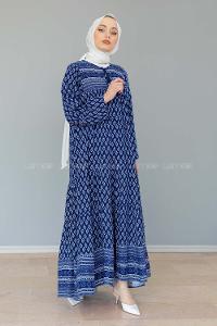 Modalamelif Yaka Bağlamalı  Desenli  Elbise Lacivert