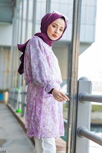 Modalamelif Çiçek Desenli  Tunik Lila