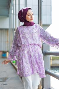 Modalamelif Çiçek Desenli  Tunik Lila