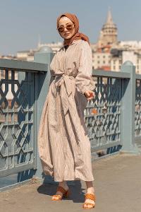 Modalamelif Hakim Yaka Çizgili Elbise Kahverengi