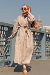 Modalamelif Hakim Yaka Çizgili Elbise Kahverengi