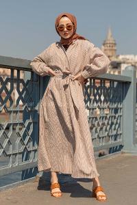 Modalamelif Hakim Yaka Çizgili Elbise Kahverengi